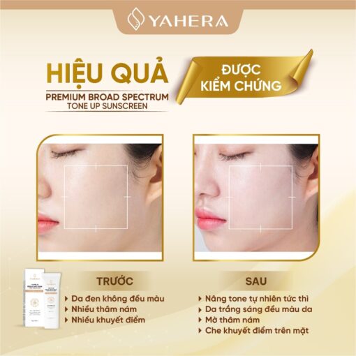 Kem chống nắng phổ rộng, nâng tone, 5 màng lọc YAHERA SPF50+ PA, Premium Sun, Cream Broad Spectrum SPF50+ PA++++ 50g