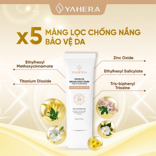 Kem chống nắng phổ rộng, nâng tone, 5 màng lọc YAHERA SPF50+ PA, Premium Sun, Cream Broad Spectrum SPF50+ PA++++ 50g