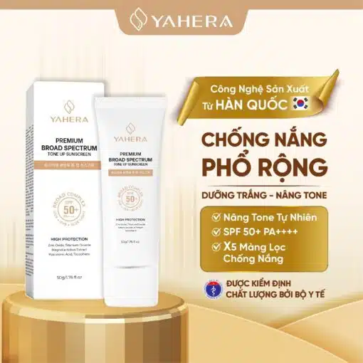 Kem chống nắng phổ rộng, nâng tone, 5 màng lọc YAHERA SPF50+ PA, Premium Sun, Cream Broad Spectrum SPF50+ PA++++ 50g