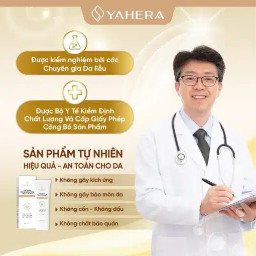 Kem chống nắng phổ rộng, nâng tone, 5 màng lọc YAHERA SPF50+ PA, Premium Sun, Cream Broad Spectrum SPF50+ PA++++ 50g