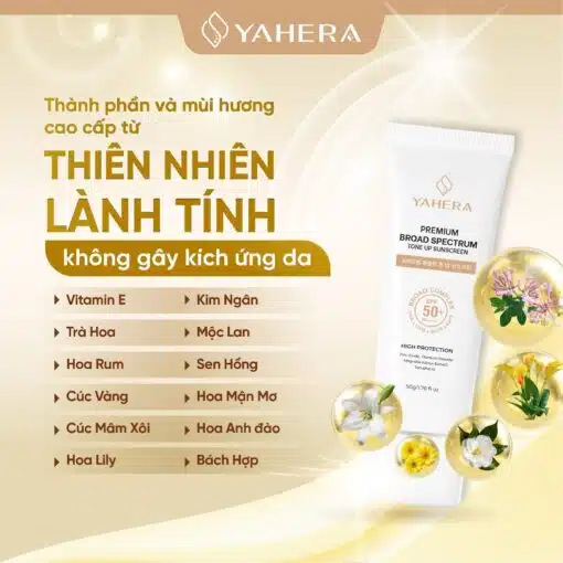 Kem chống nắng phổ rộng, nâng tone, 5 màng lọc YAHERA SPF50+ PA, Premium Sun, Cream Broad Spectrum SPF50+ PA++++ 50g