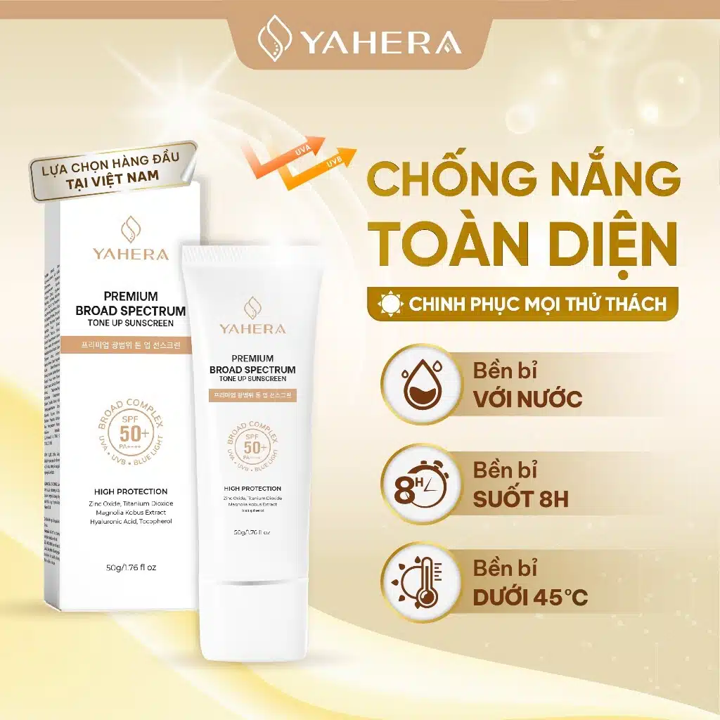 Kem chống nắng phổ rộng nâng tone 5 màng lọc YAHERA SPF50+ PA 3 Kem chống nắng phổ rộng, nâng tone, 5 màng lọc YAHERA SPF50+ PA, Premium Sun, Cream Broad Spectrum SPF50+ PA++++ 50g