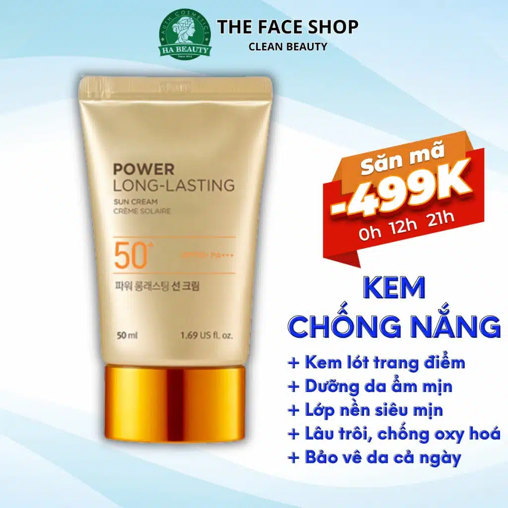 Kem chống nắng trang điểm The Face Shop -dưỡng da lâu trôi Power Long Lasting Sun Cream SPF50+ PA 1 Kem chống nắng trang điểm The Face Shop