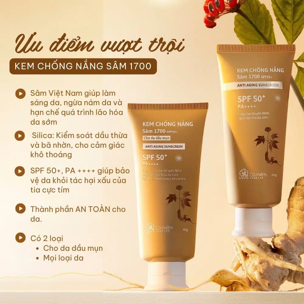 Kem Chống Nắng Cỏ Mềm Sâm1700 SPF50 PA+ 2 Kem Chống Nắng Cỏ Mềm, Sâm1700 SPF50 PA,++++