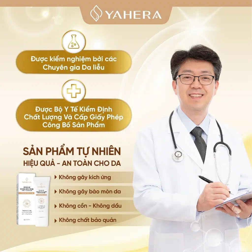 Kem chống nắng phổ rộng nâng tone 5 màng lọc YAHERA SPF50+ PA 5 Kem chống nắng phổ rộng, nâng tone, 5 màng lọc YAHERA SPF50+ PA, Premium Sun, Cream Broad Spectrum SPF50+ PA++++ 50g