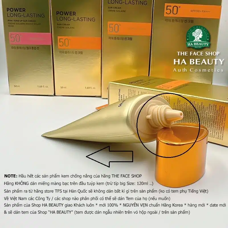 Kem chống nắng trang điểm The Face Shop -dưỡng da lâu trôi Power Long Lasting Sun Cream SPF50+ PA 8 Kem chống nắng trang điểm The Face Shop