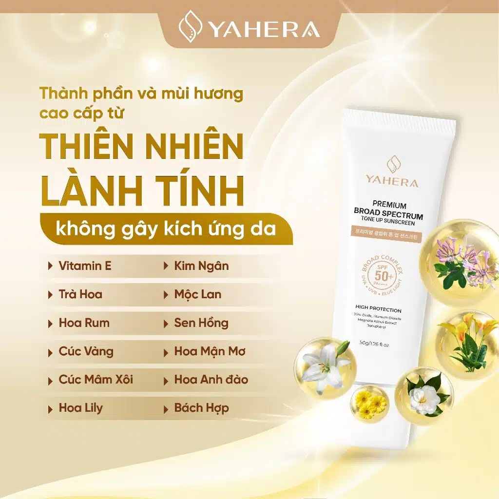 Kem chống nắng phổ rộng nâng tone 5 màng lọc YAHERA SPF50+ PA 4 Kem chống nắng phổ rộng, nâng tone, 5 màng lọc YAHERA SPF50+ PA, Premium Sun, Cream Broad Spectrum SPF50+ PA++++ 50g